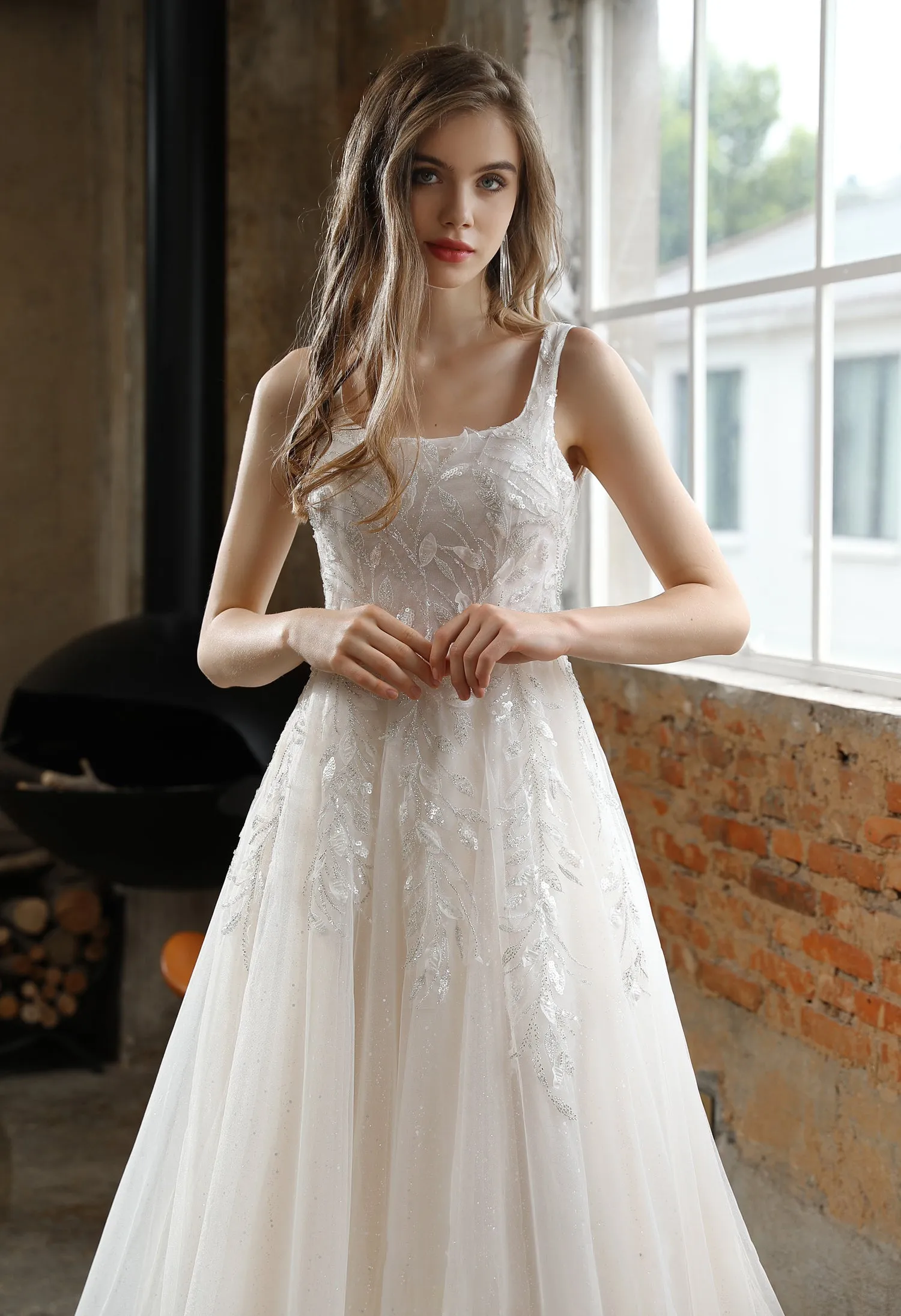 Square Neckline Wedding Dress with Delicate Leafy Lace