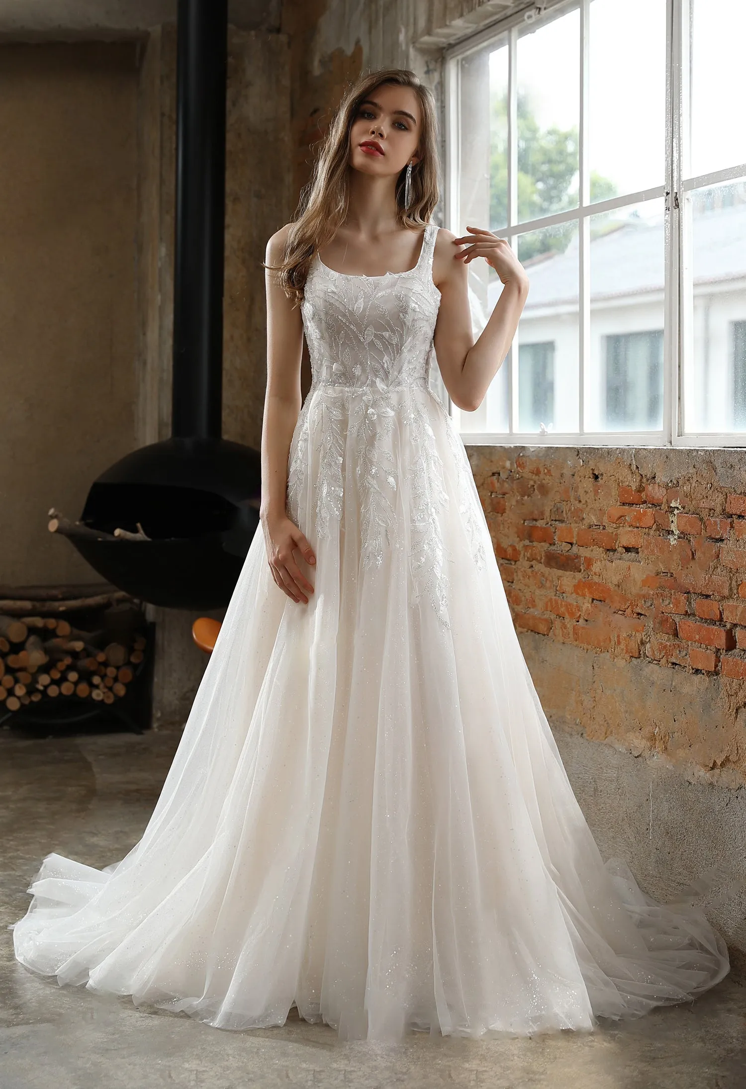 Square Neckline Wedding Dress with Delicate Leafy Lace