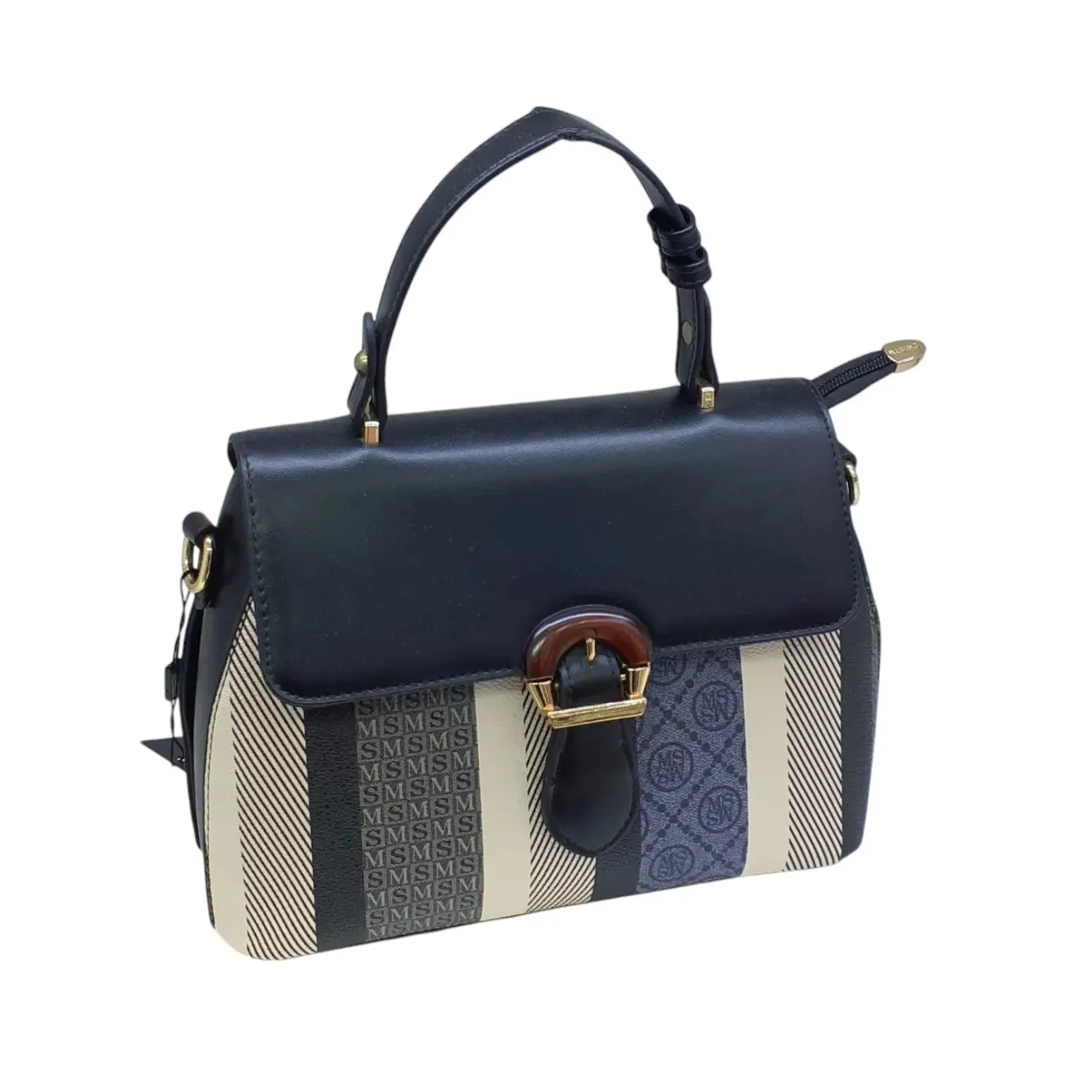 Striped Top Handle Bag with Buckle Lock