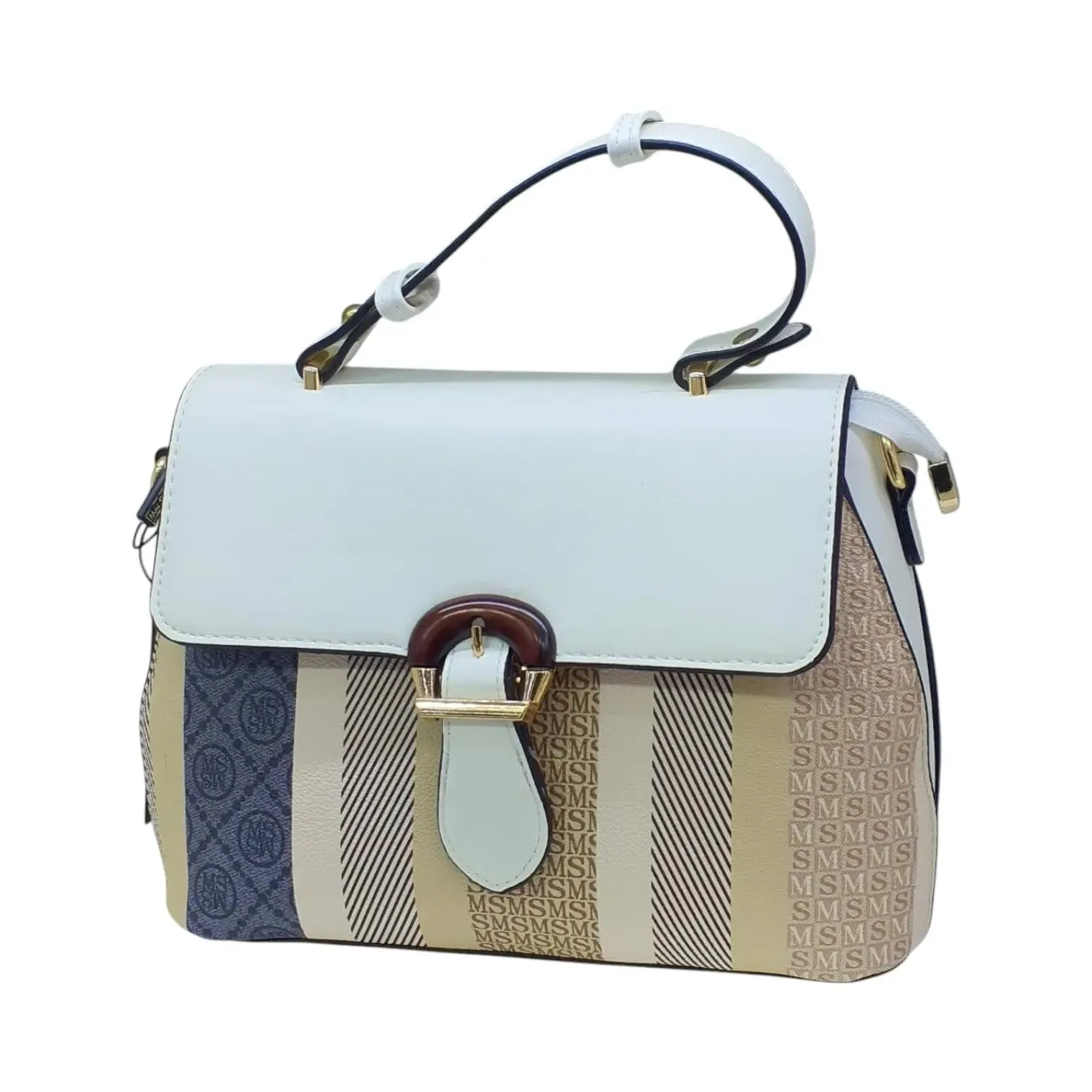 Striped Top Handle Bag with Buckle Lock