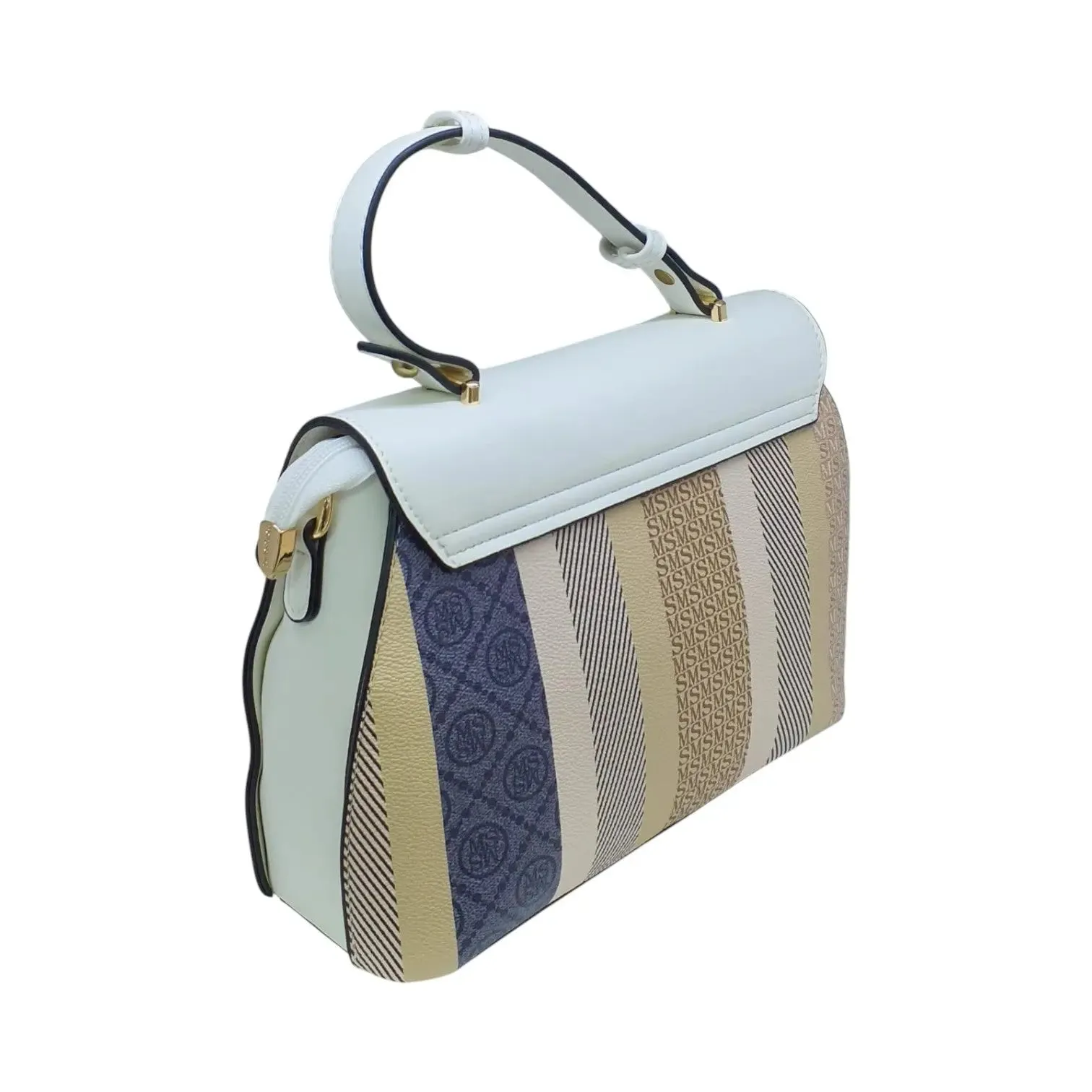 Striped Top Handle Bag with Buckle Lock