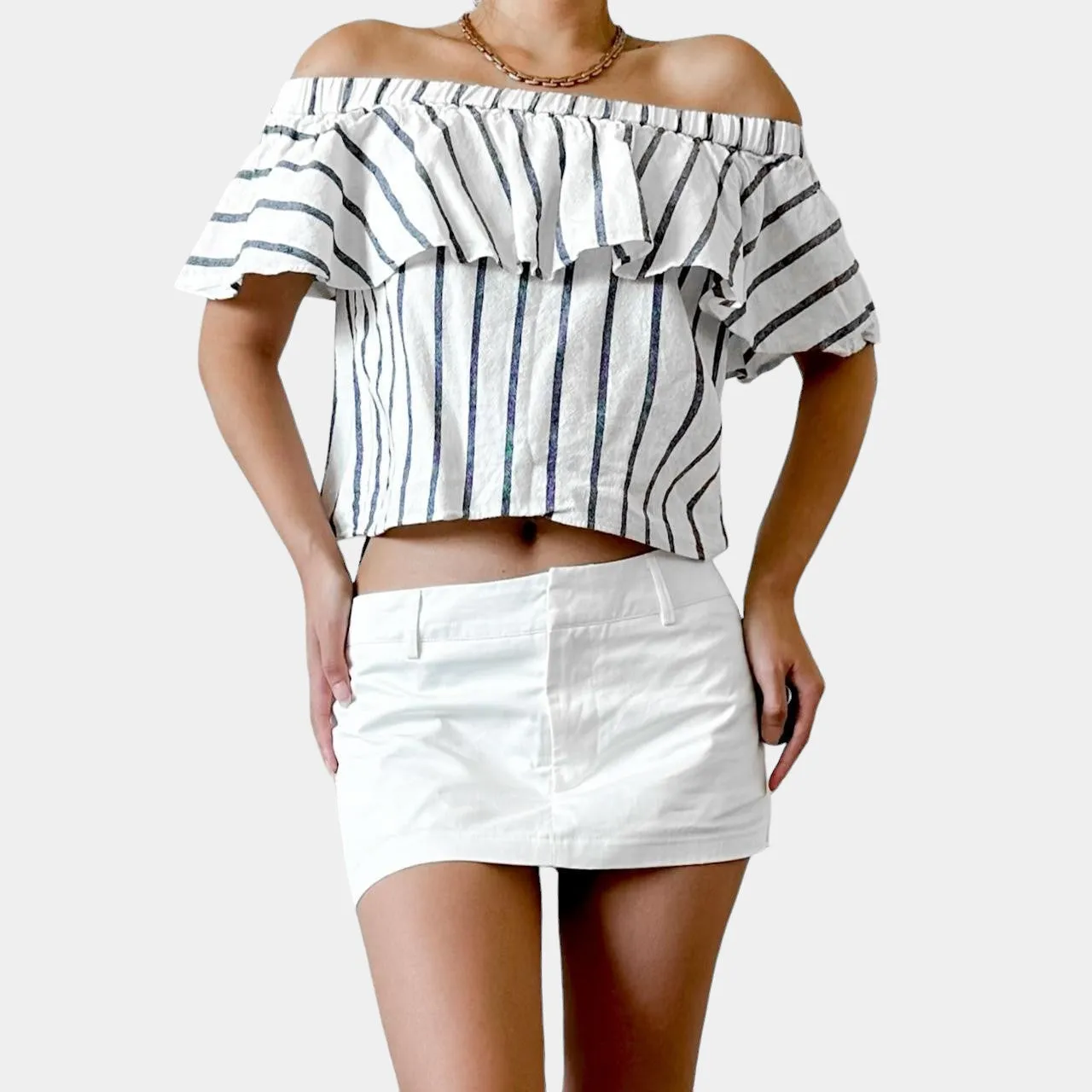 Topshop White Off Shoulder Ruffle Striped Top Size XS