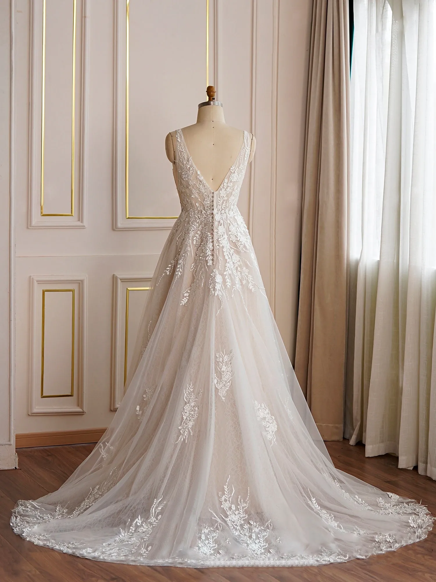 V-neckline Floral Lace A-line Wedding Dress - Off The Rack