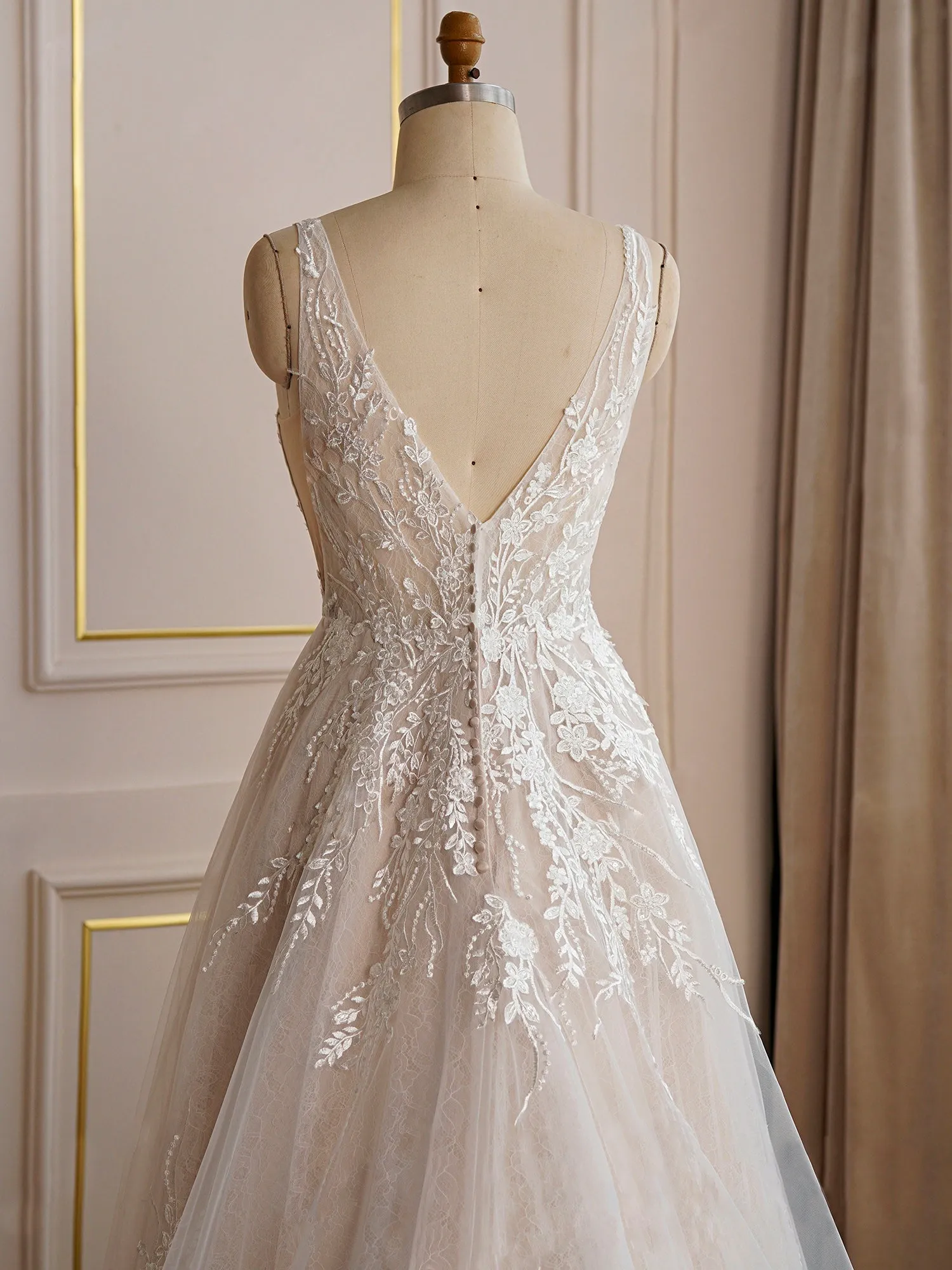 V-neckline Floral Lace A-line Wedding Dress - Off The Rack