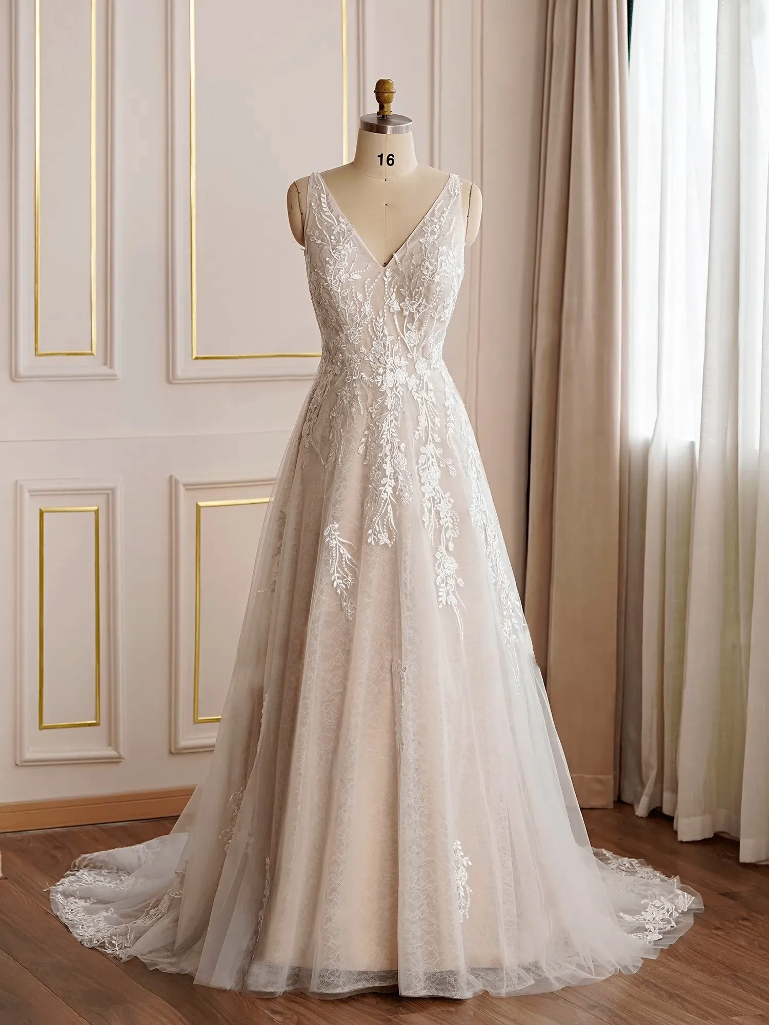 V-neckline Floral Lace A-line Wedding Dress - Off The Rack