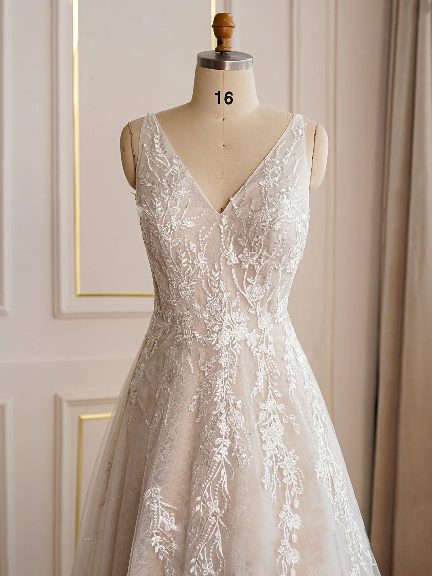 V-neckline Floral Lace A-line Wedding Dress - Off The Rack