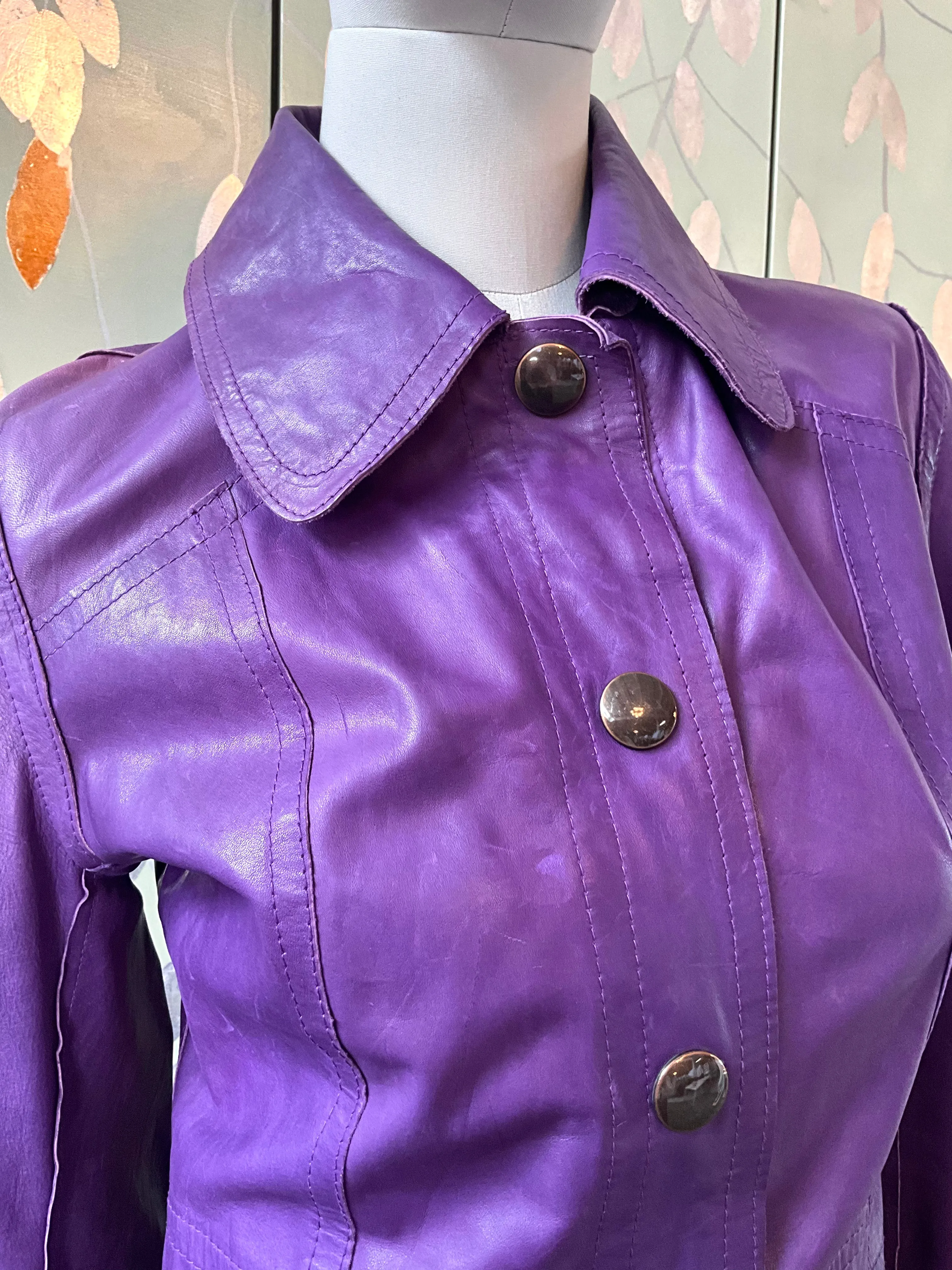 Vintage 1970s Purple Leather Reversible Snap Front Coat, XS