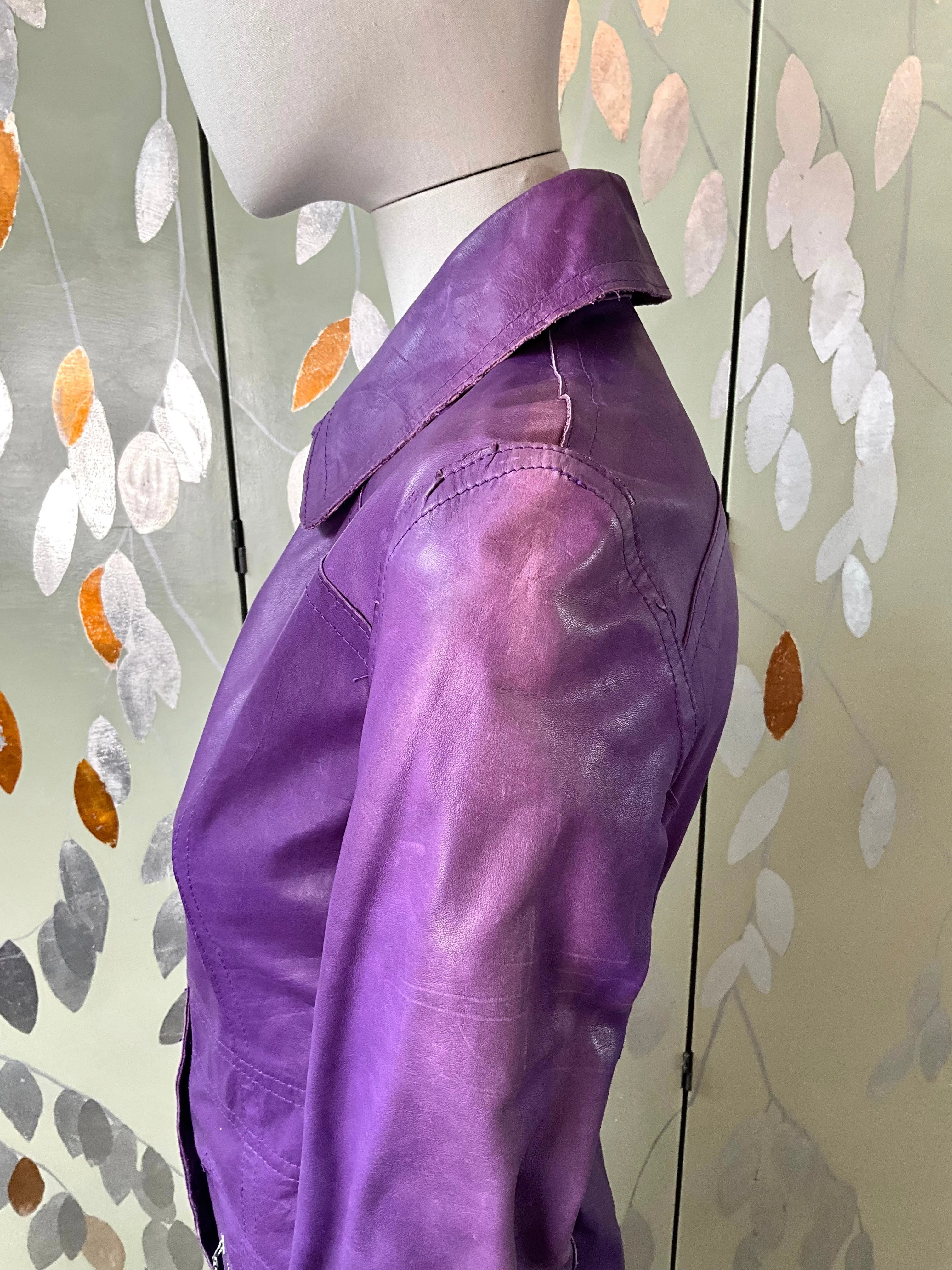 Vintage 1970s Purple Leather Reversible Snap Front Coat, XS