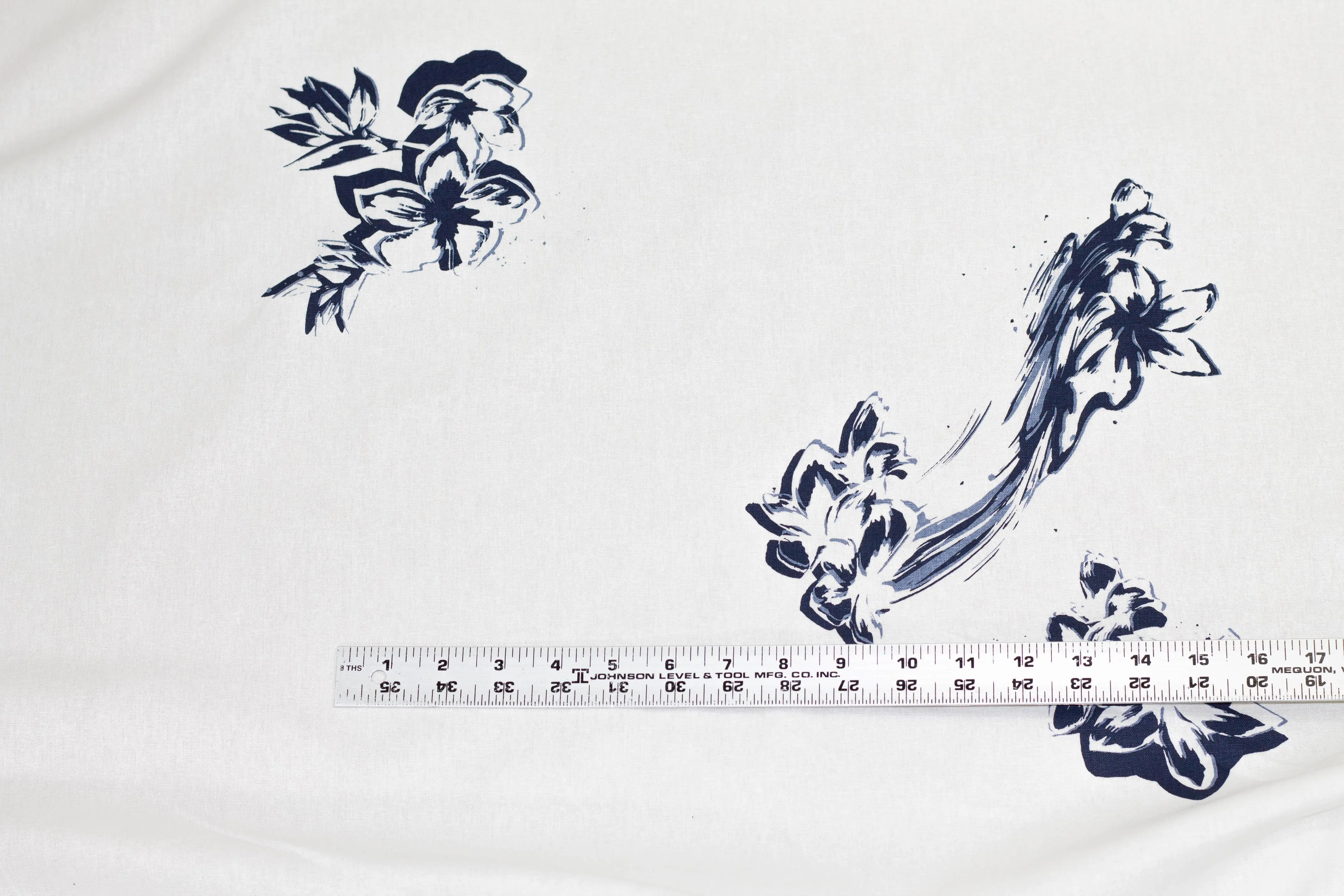 White and Navy Floral Cotton and Linen Blend