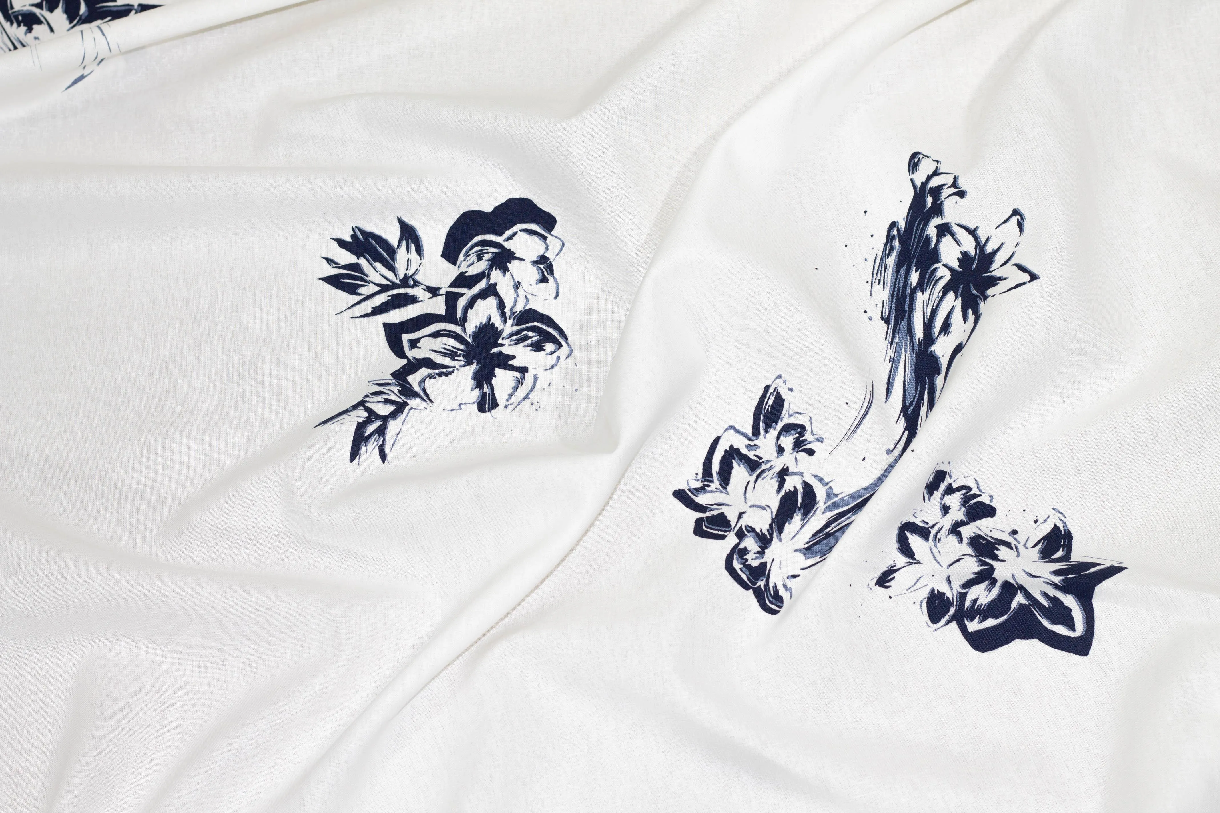 White and Navy Floral Cotton and Linen Blend