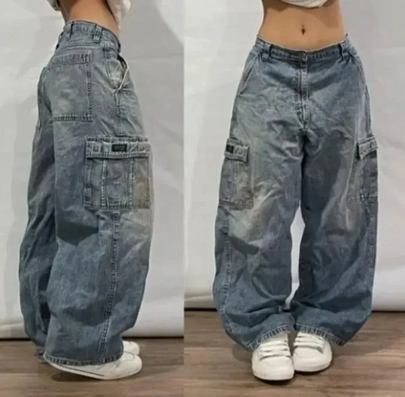 Y2K Vintage-Waschung Weite Jeans mit Trendigen Taschen
