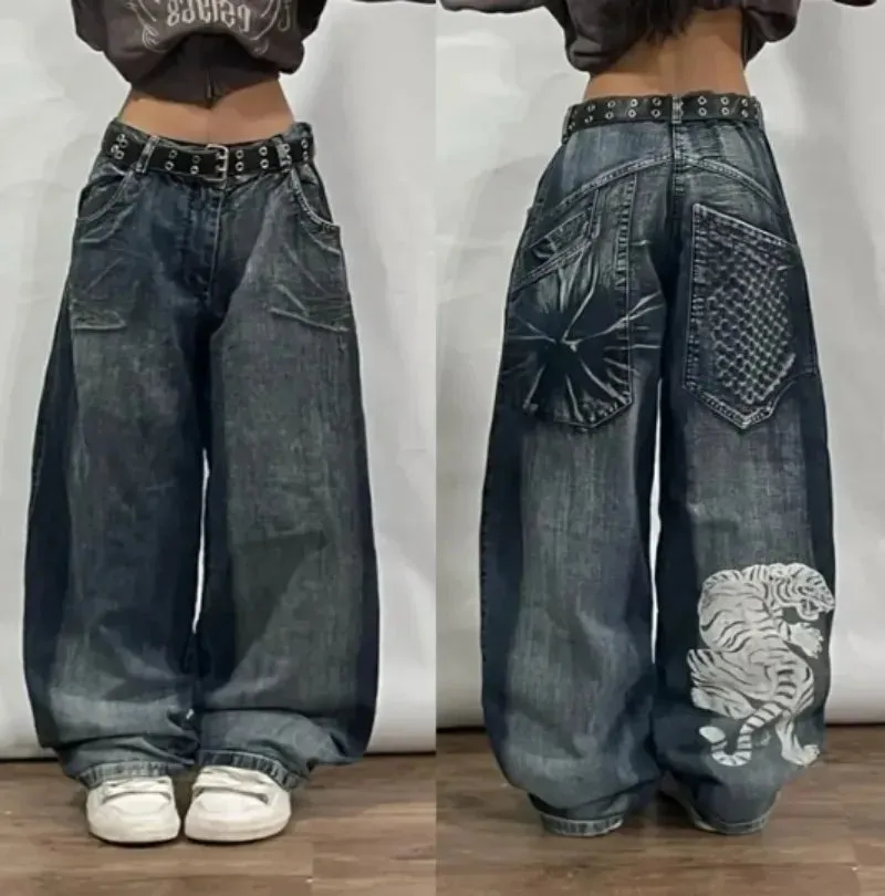 Y2K Vintage-Waschung Weite Jeans mit Trendigen Taschen