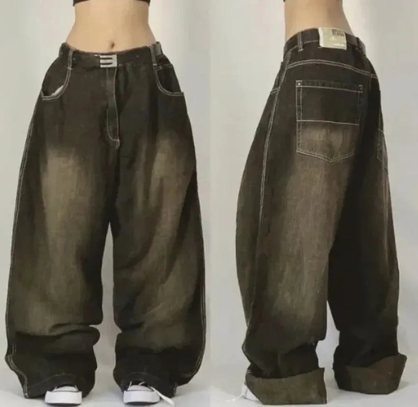 Y2K Vintage-Waschung Weite Jeans mit Trendigen Taschen